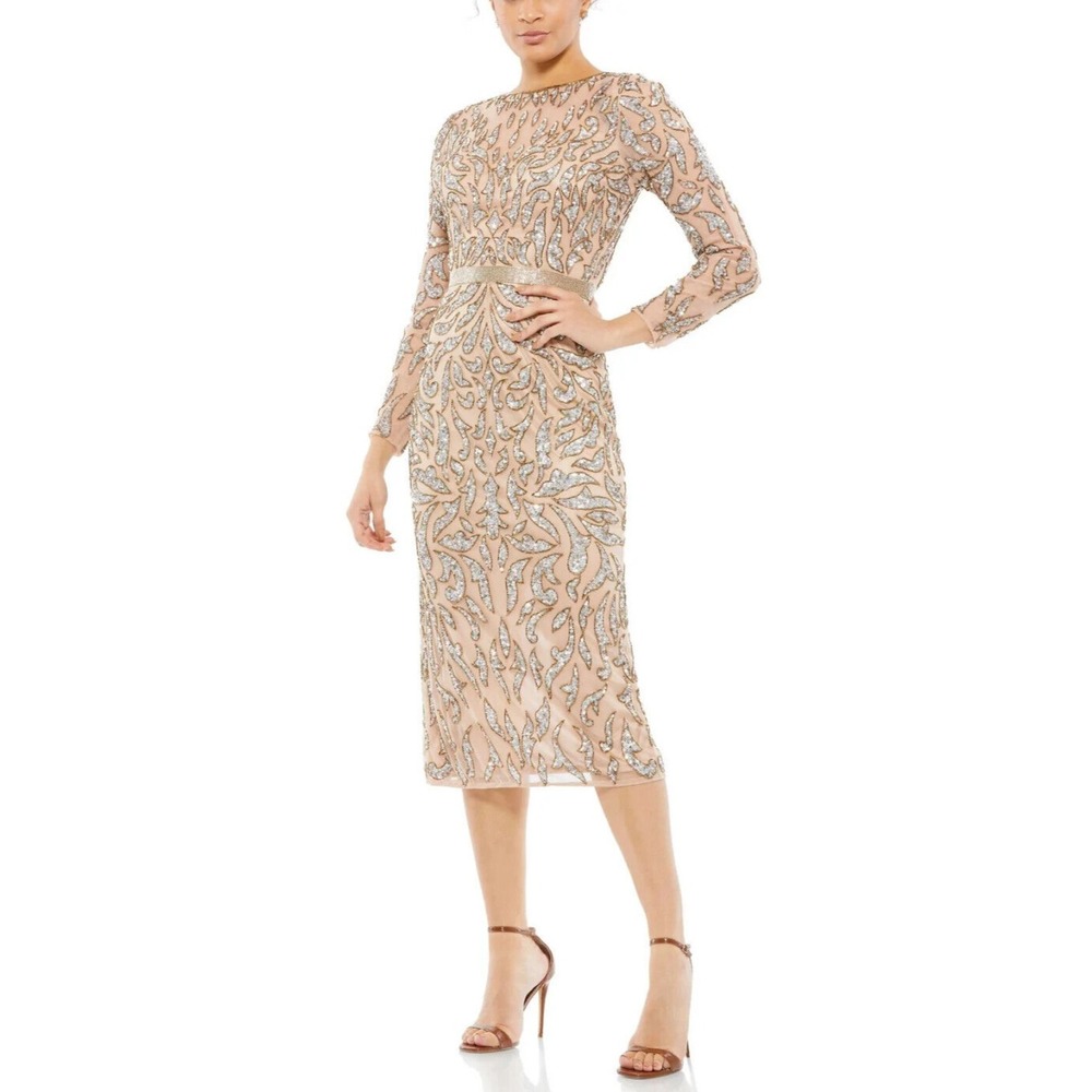 Mac Duggal 5521 Embellished Illusion Long Sleeve Sheath Midi Dress  Mocha Size 6